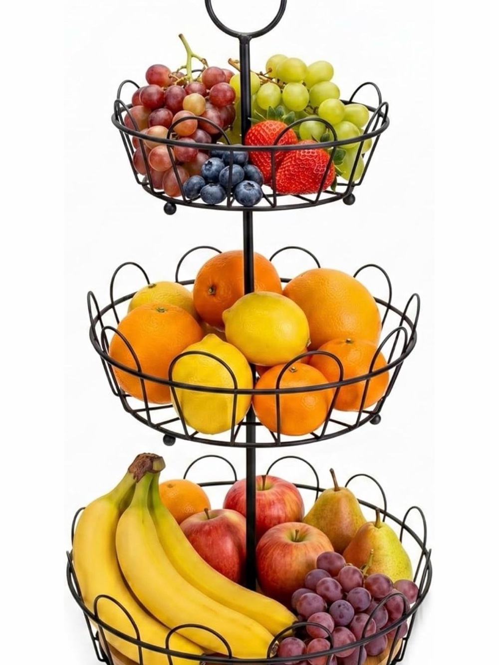 Three-Tier Black Metal Fruit Basket Stand - Tiered Fruit Bowl Organizer